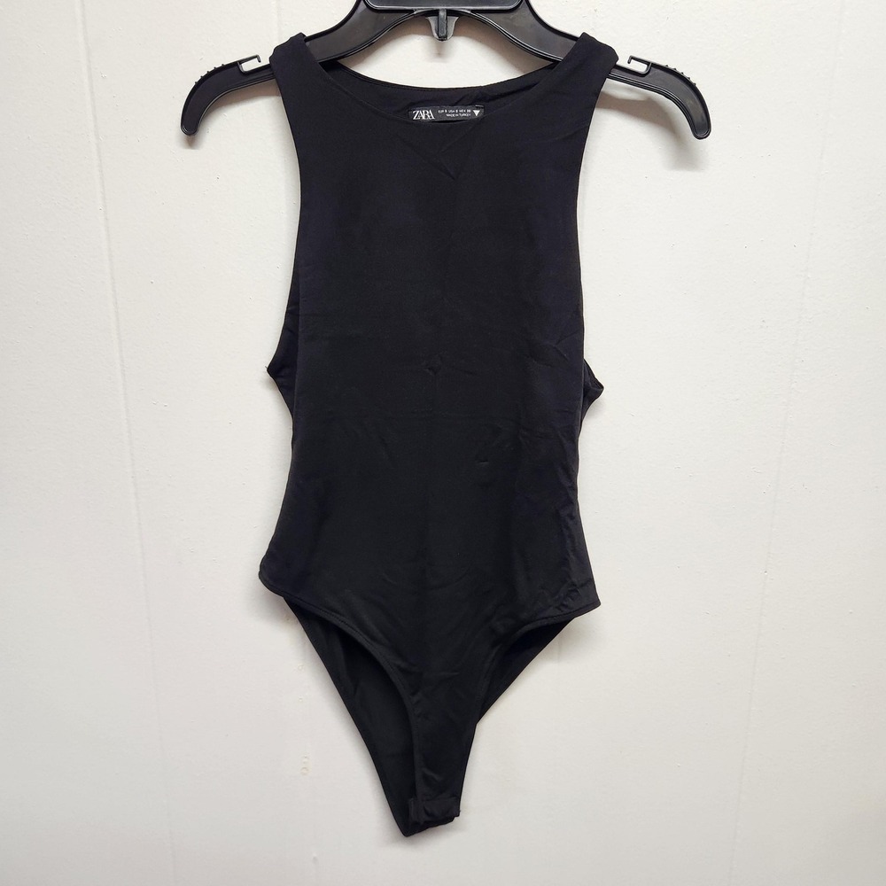 Zara Bodysuit‎ Womens Small Black Solid Sleeveless Stretch One Piece Crew Neck